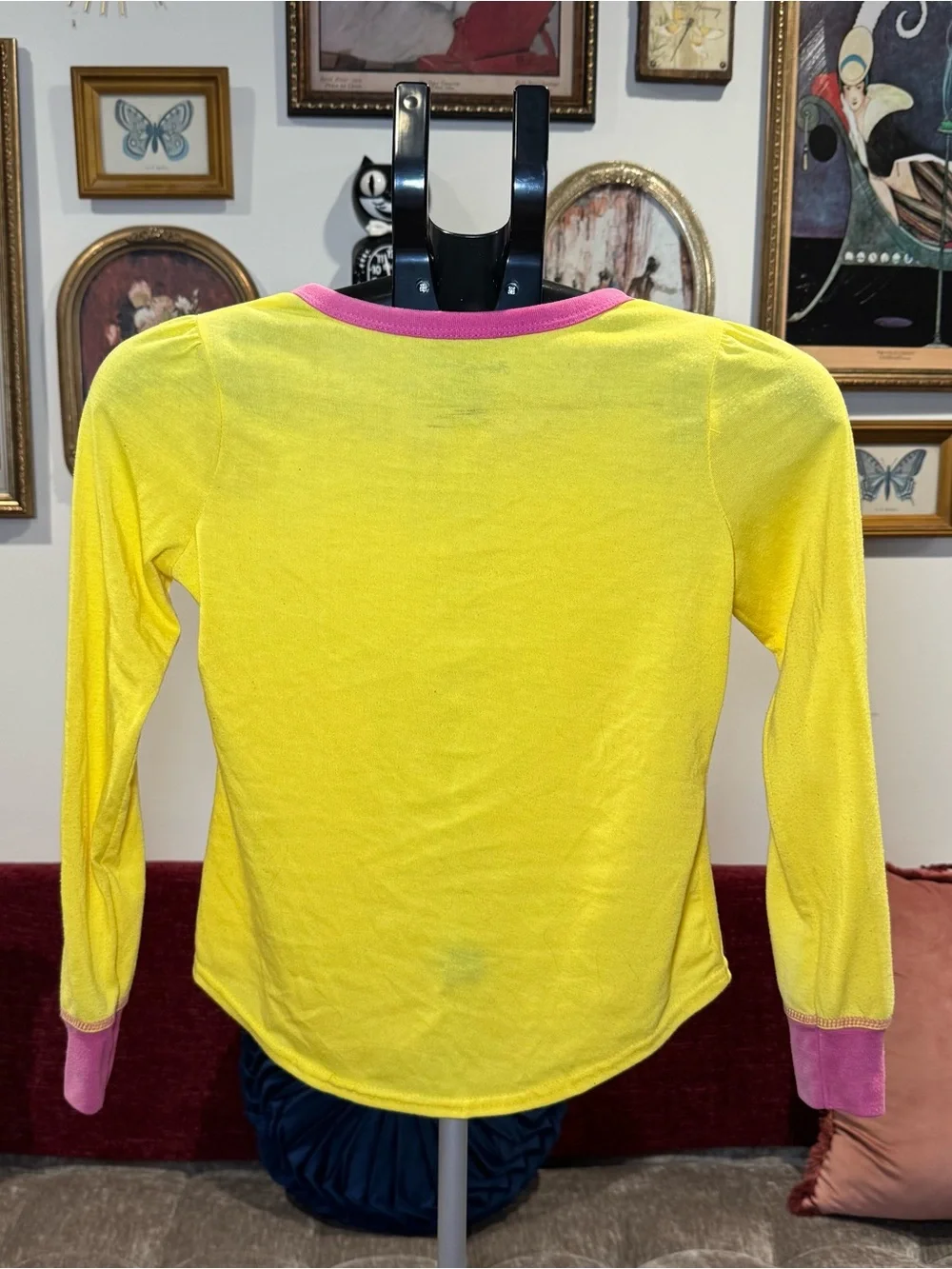 Y2K Yellow Long-Sleeve Button Badge Top with Pink Trim